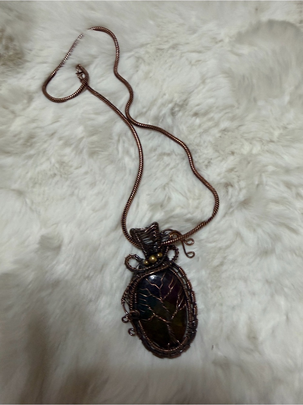 Handcrafted Copper Wire Wrapped Pendant Necklace with Iridescent Stone